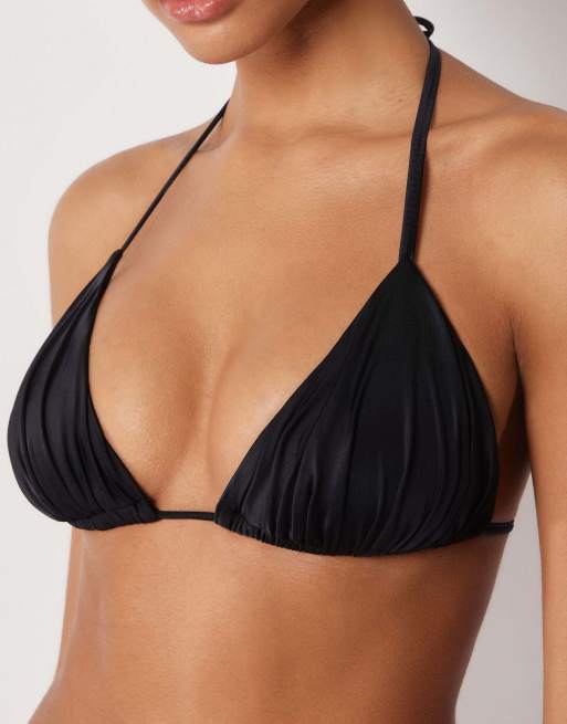 Calzedonia Shiny Satin triangle bikini top in black, 3 of 6