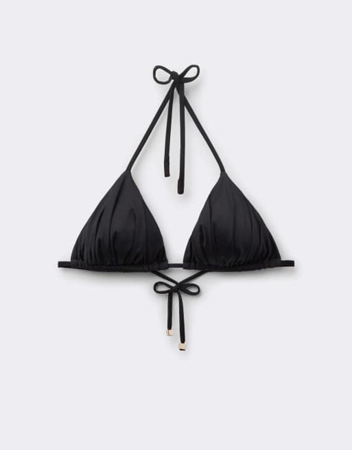 Calzedonia Shiny Satin triangle bikini top in black, 6 of 6