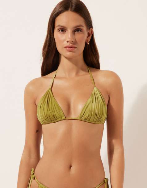 Calzedonia Shiny Satin triangle bikini top in green gold - view 1