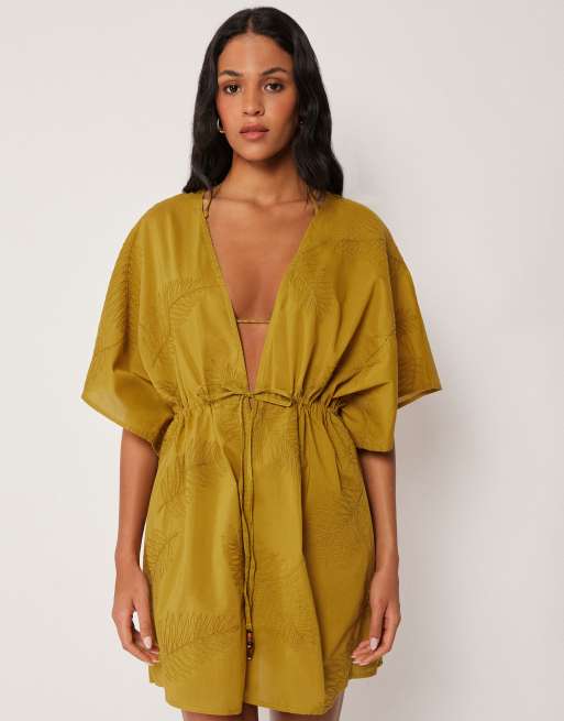 Calzedonia Short beach kaftan in bronzed green, 2 of 4