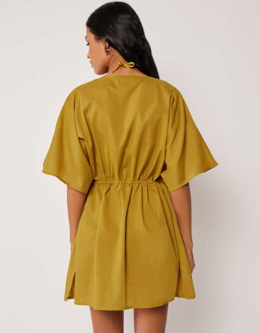 Calzedonia Short beach kaftan in bronzed green, 3 of 4