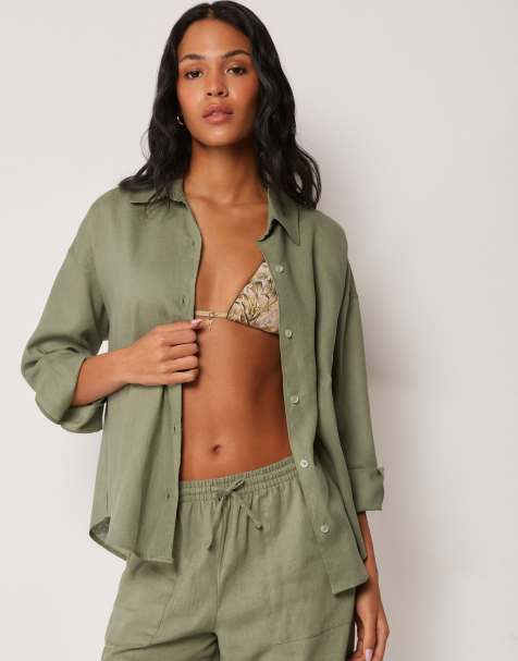 Calzedonia Short linen and viscose beach shirt in sage - view 1
