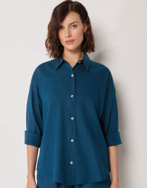 Calzedonia Short linen and viscose shirt in dark blue - view 1