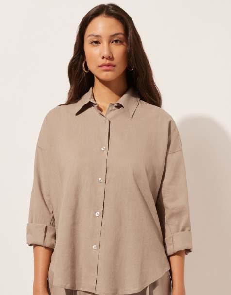 Calzedonia Short linen and viscose shirt in desert beige - view 1
