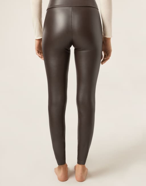 Calzedonia Thermal leather effect leggings in dark brown, 2 of 4