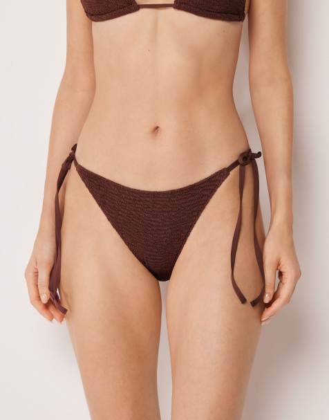 Calzedonia Tie bikini bottoms crinkle waves in coffee brown - view 1
