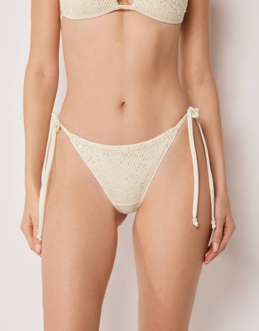 Calzedonia Tie brazilian bikini bottoms sequin net in buttercream white, 2 of 4