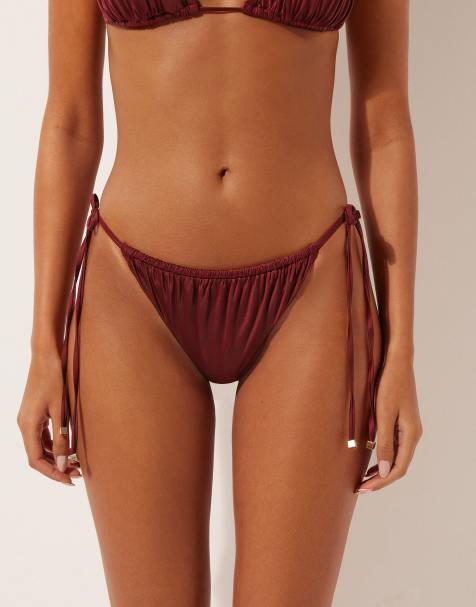 Calzedonia Tie brazilian bikini bottoms shiny satin in dark red - view 1