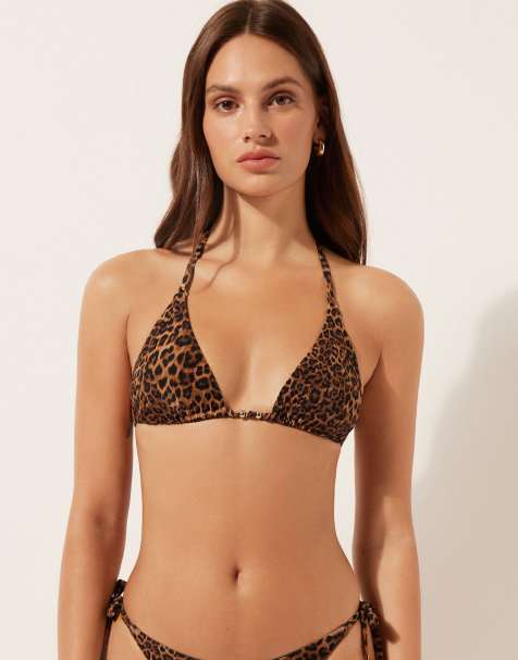 Calzedonia triangle beaded bikini top in brown animalier - view 1