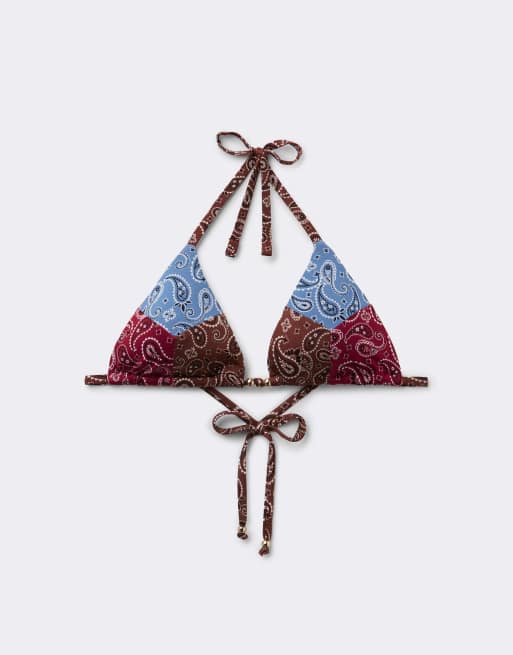 Calzedonia Triangle bikini top bandana patch in blue brown and red, 6 of 6