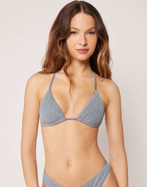 Calzedonia Triangle bikini top metallic glow in silver blue - view 1