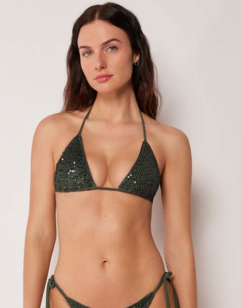 Calzedonia Triangle bikini top sequin net in dark green - view 1