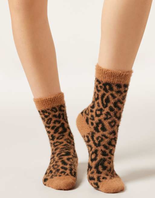 Calzedonia Tropical print faux-fur socks in biscuit brown
