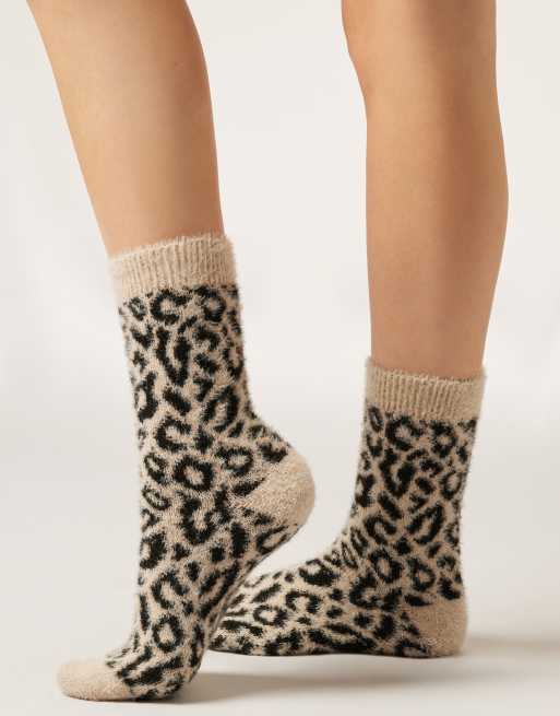 Calzedonia Tropical print faux-fur socks in vintage white