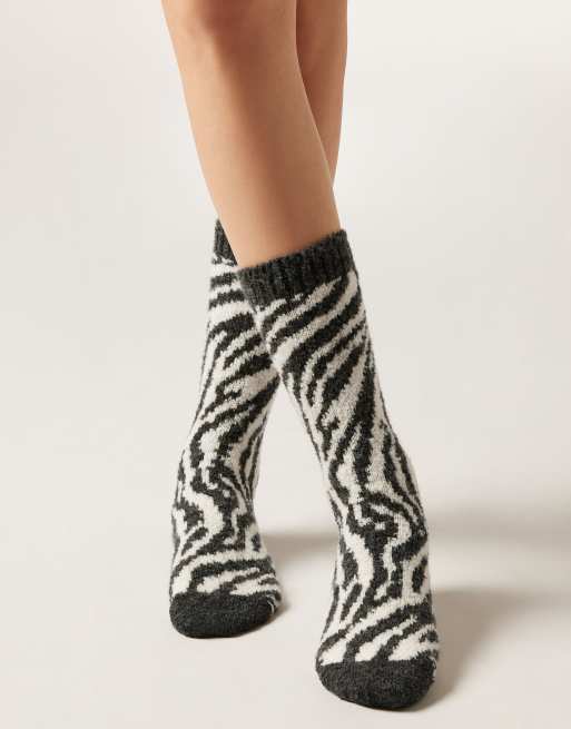 Calzedonia Zebra print teddy-effect socks in charcoal grey