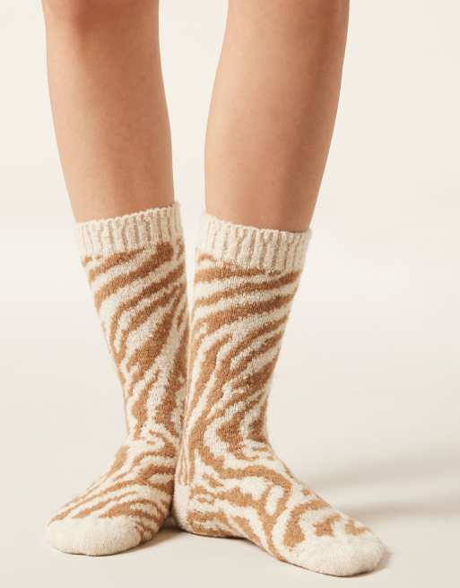 Calzedonia Zebra print teddy-effect socks in natural