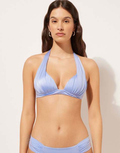 Calzendonia Padded Triangle Bikini Top Shiny Satin in Light Blue Powder