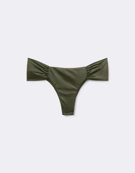 Calzendonia Ruched Brazilian Bottoms Shiny Satin in Dark Green, 5 of 5
