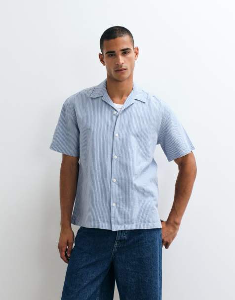 camicia a maniche corte in misto lino a righe blu - view 1