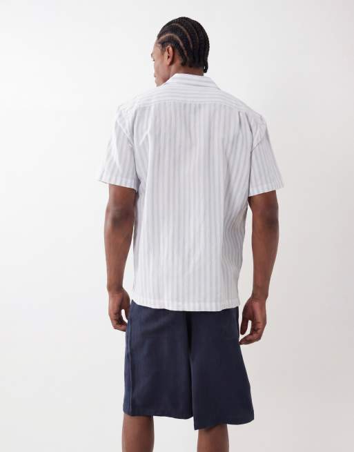 Camicia corta ampia a righe con maniche in misto lino blu, 5 di 5