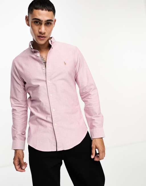 Camis Oxford rojas y blanca a rayas de corte slim con logo de Polo Ralph Lauren