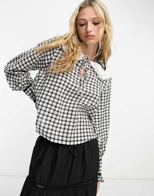 Camisa a cuadros blancos y negros con solapas extragrandes de Reclaimed Vintage