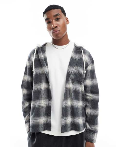Camisa a cuadros grises de manga larga con capucha de franela de Hollister - view 1