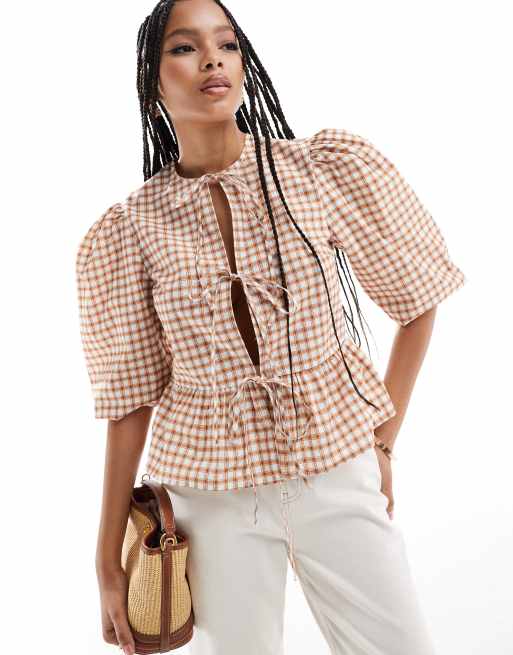 Camisa a cuadros marrones con lazadas y sobrefalda de popelina de algodón de ASOS DESIGN