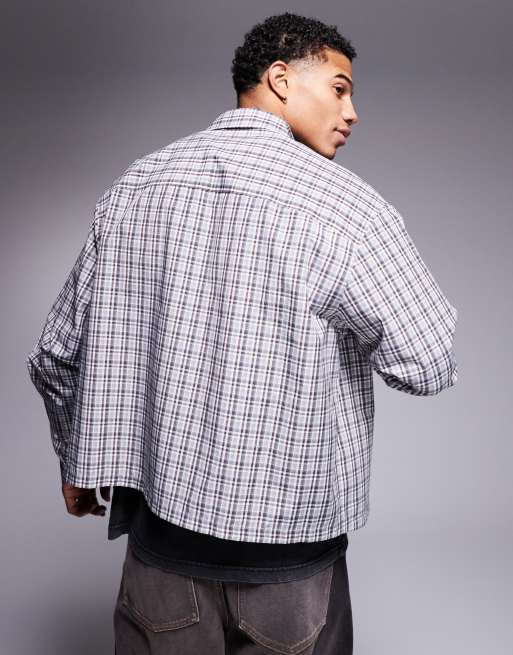 Camisa a cuadros marrones de corte cuadrado extragrande con bordado rojo en el pecho de ASOS DESIGN , 4 de 4