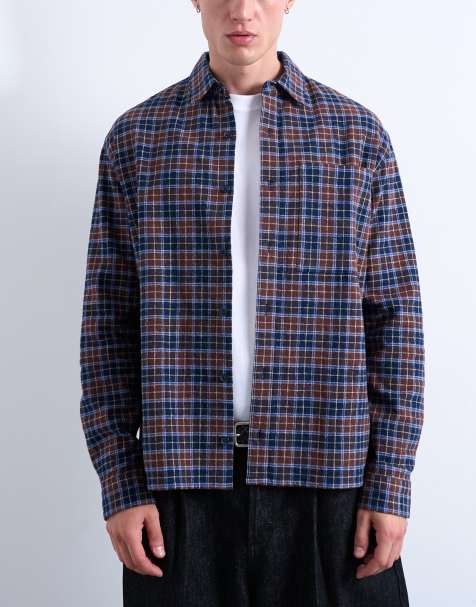 Camisa a cuadros marrones holgada de franela de Topman - view 1