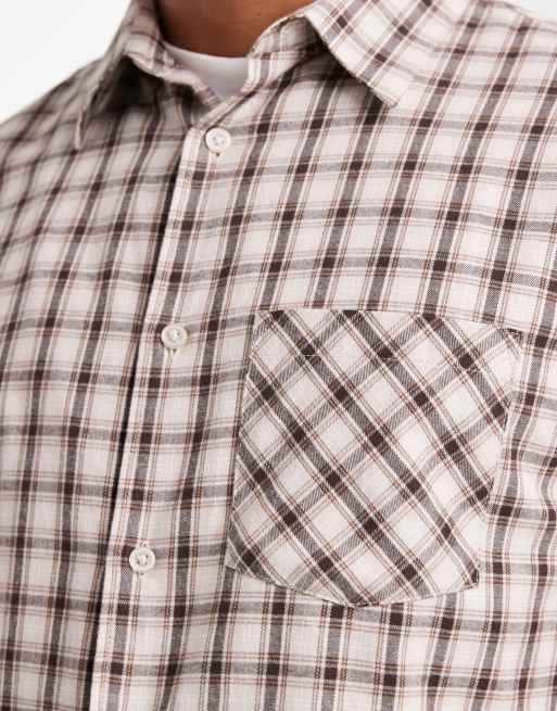 Camisa a cuadros marrones y color crema de manga larga con botones de Threadbare, 5 de 5