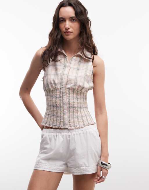 Camisa a cuadros multicolores fruncida sin mangas de Daisy Street