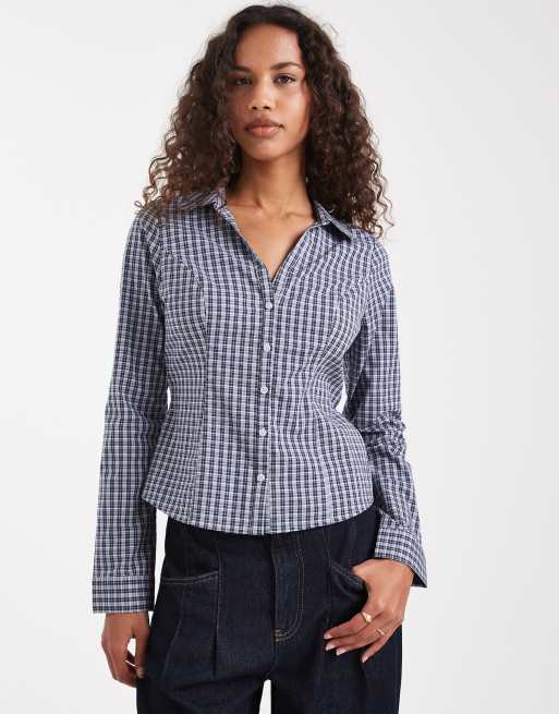 Camisa a cuadros vichy azules de manga larga de estilo años 2000 con cintura ceñida de Hollister