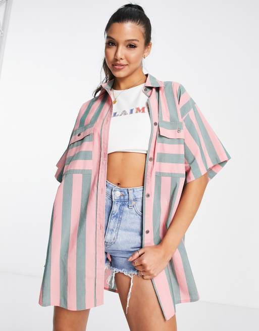 Camisa a rayas anchas verdes y rosas extragrande de manga corta de ASOS DESIGN 