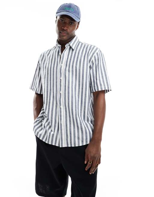 Camisa a rayas azul marino extragrande de mezcla de lino de Selected Homme 