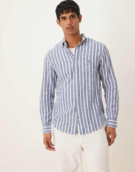 Camisa a rayas azules de corte estándar de mezcla de algodón y