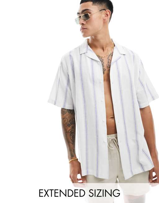 Camisa a rayas azules variadas holgada con cuello de solapas de mezcla de lino de ASOS DESIGN