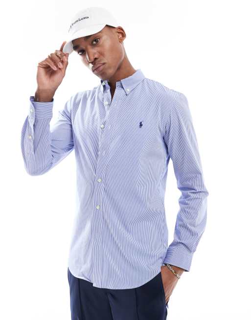 Camisa a rayas azules y blancas de corte slim con logo de icono de popelina elástica en dos direcciones de Polo Ralph Lauren