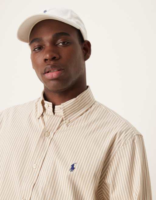 Camisa a rayas beis y blancas de corte custom con logo de popelina elástica Icon de Polo Ralph Lauren