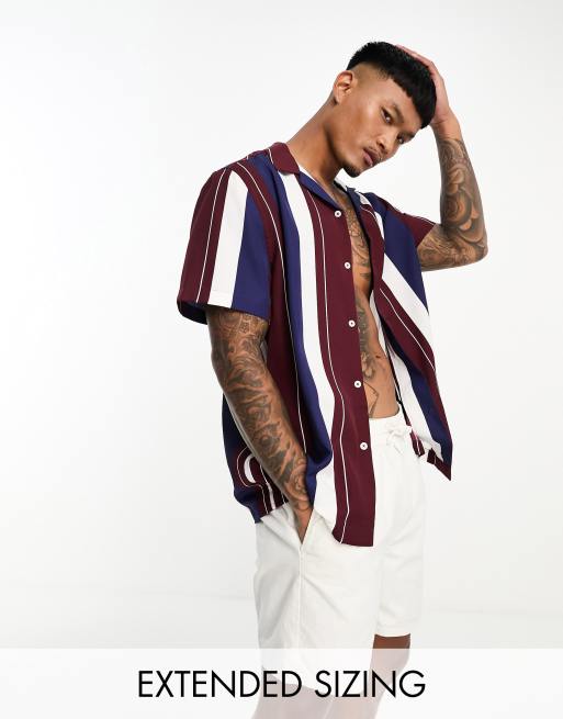 Camisa a rayas burdeos y azul marino holgada con solapas de ASOS DESIGN