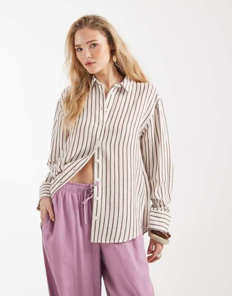 Camisa a rayas marrones de mezcla de lino de ASOS DESIGN - view 1