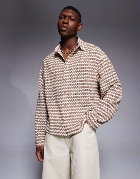 Camisa a rayas marrones y color crudo de corte cuadrado extragrande de croché de ASOS DESIGN - view 1