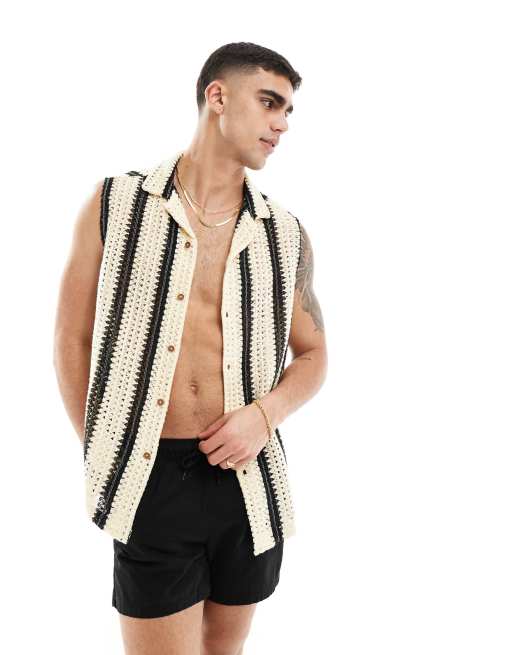 Camisa a rayas monocromáticas holgada sin mangas con cuello de solapas de croché de ASOS DESIGN , 2 de 4