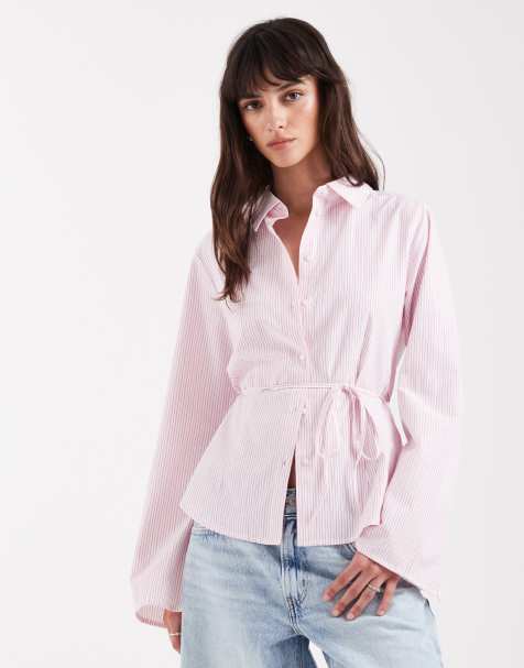 Camisa a rayas rosas de manga larga con detalle de lazada de popelina de JJXX - view 1