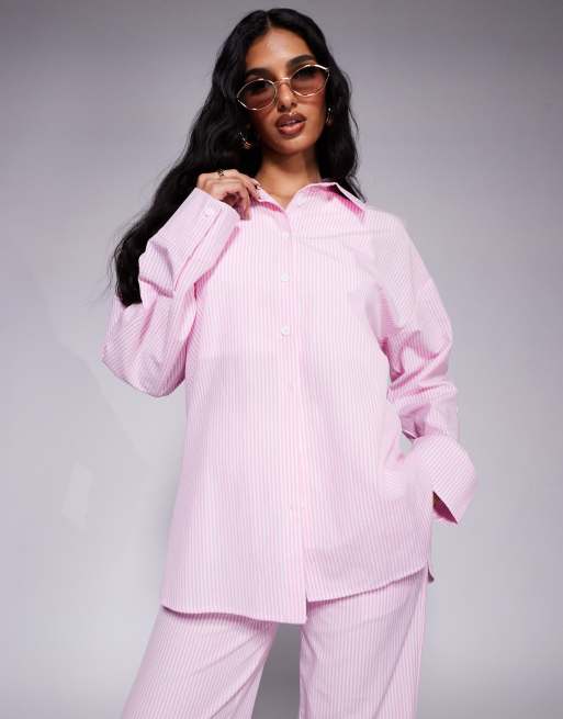 Camisa a rayas rosas extragrande con botones de popelina exclusiva de Kaiia (parte de un conjunto)