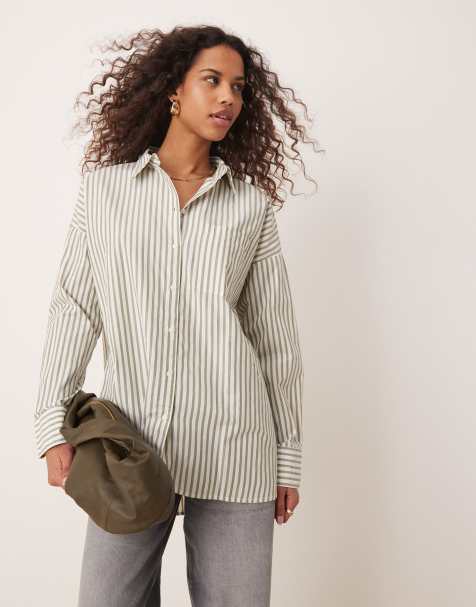 Camisa a rayas verde oliva de corte boyfriend extragrande de VILA - view 1