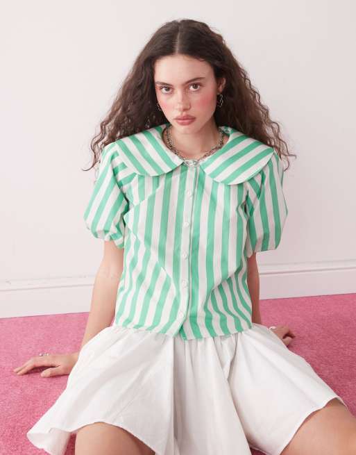 Camisa a rayas verdes veraniegas de manga corta con cuello babero de Reclaimed Vintage