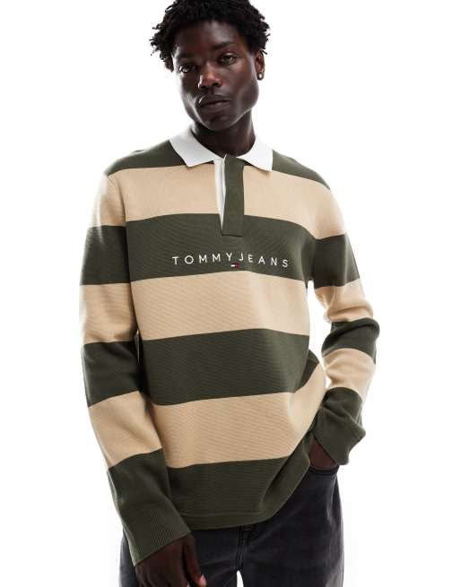 Camisa a rayas verdes y color crudo de estilo rugby de Tommy Jeans