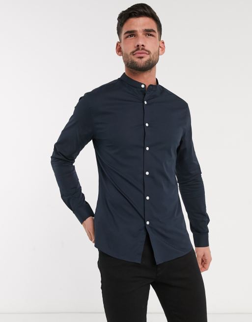 Camisa ajustada con acabado elástico y cuello henley en azul marino de ASOS DESIGN