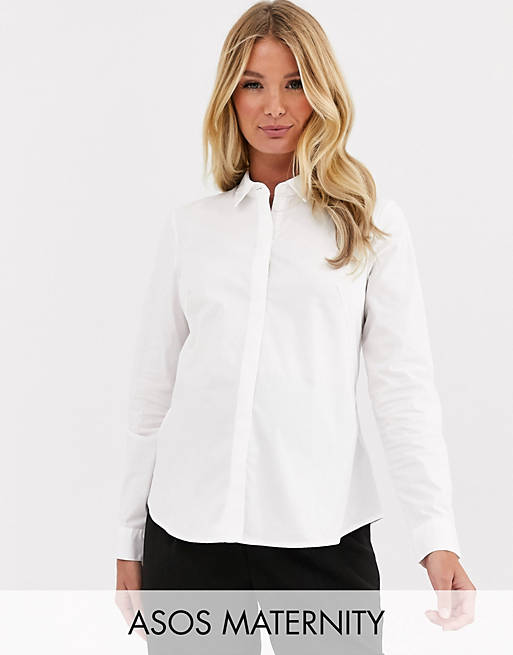 Camisa ajustada de manga larga de algodón elástico en blanco de ASOS DESIGN Maternity